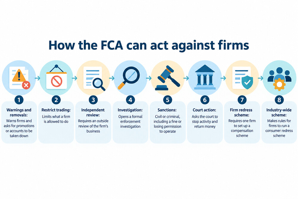 A ladder graphic showing the escalating steps the FCA can take against a firm, from supervision to fines and court action