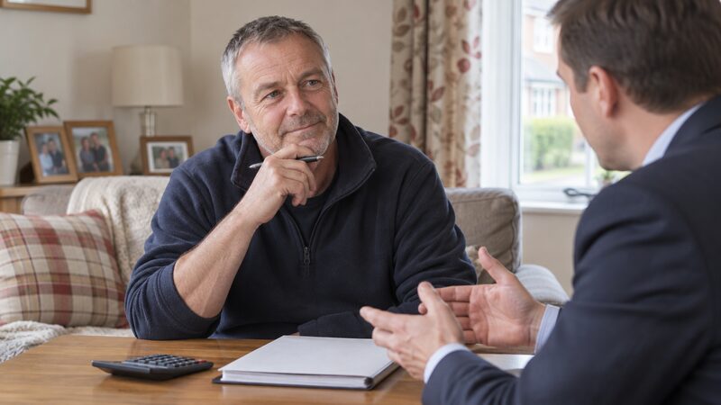 A man sits with a financial adviser at a table in his living room, with a calculator and papers.