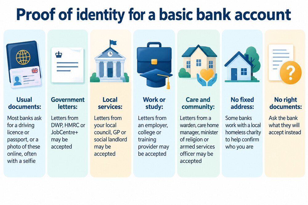 The range of documents a bank may accept to open a basic account, from passport to letters from employers and councils
