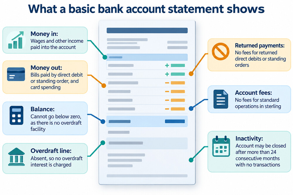 A basic bank account statement showing payments in, direct debits out and no overdraft