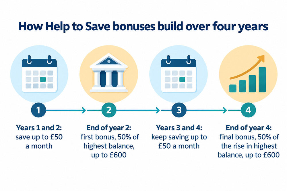 A timeline of Help to Save showing monthly deposits of up to £50 and bonuses at the end of years two and four