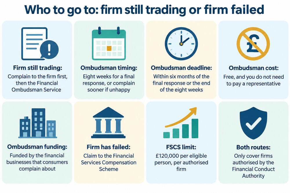 A simple two-column comparison of the Ombudsman and FSCS routes, showing which applies when a firm is still trading and which applies when it has failed