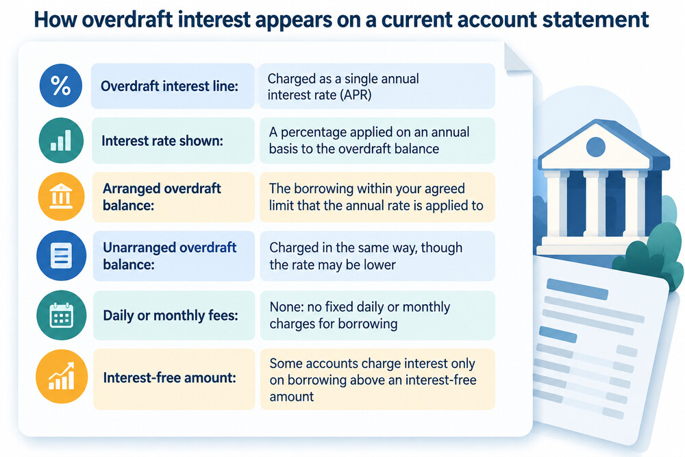 A bank statement showing an overdraft interest line, with a single annual interest rate applied to the overdrawn balance