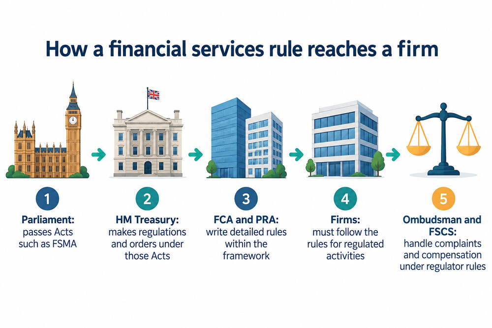 A diagram showing Parliament passing Acts, the Treasury making regulations, and the FCA and PRA writing rules for firms