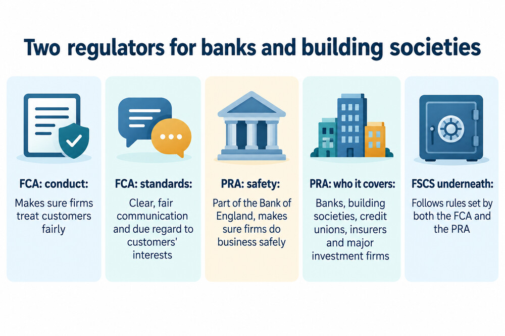 Diagram style illustration showing the FCA and the PRA supervising the same bank from two directions