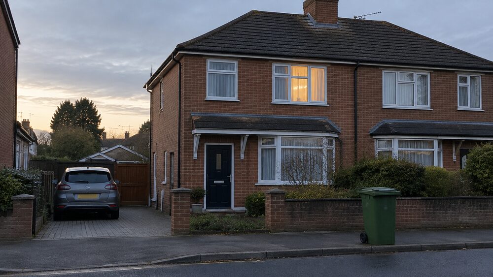 A modest semi-detached house with one lit upstairs window in early morning.