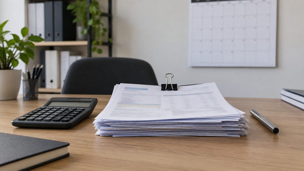 A clipped bundle of payslips and statements on a desk with a calculator.