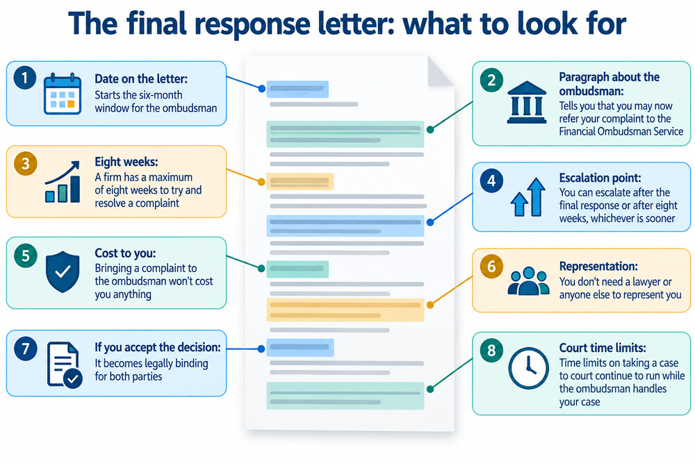 A final response letter from a bank with the date and the paragraph about the Financial Ombudsman highlighted
