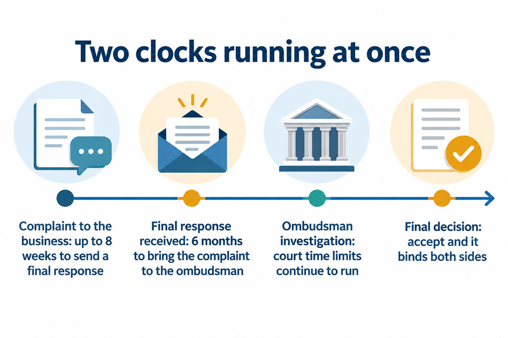 A timeline showing the eight-week business window, the six-month ombudsman window and the separate court limitation period running alongside