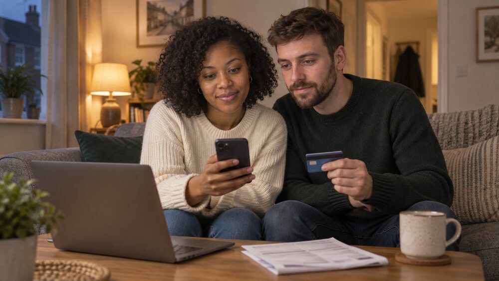 A couple sit on a sofa looking at a phone and a bank card in the evening.