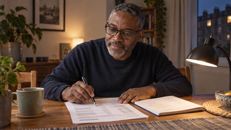 A man sits at a dining table, running a pen down a printed bank statement with a notepad beside him.