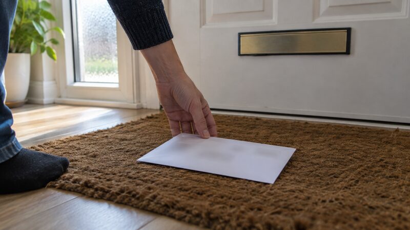 A paper bank statement on a doormat beside a letterbox