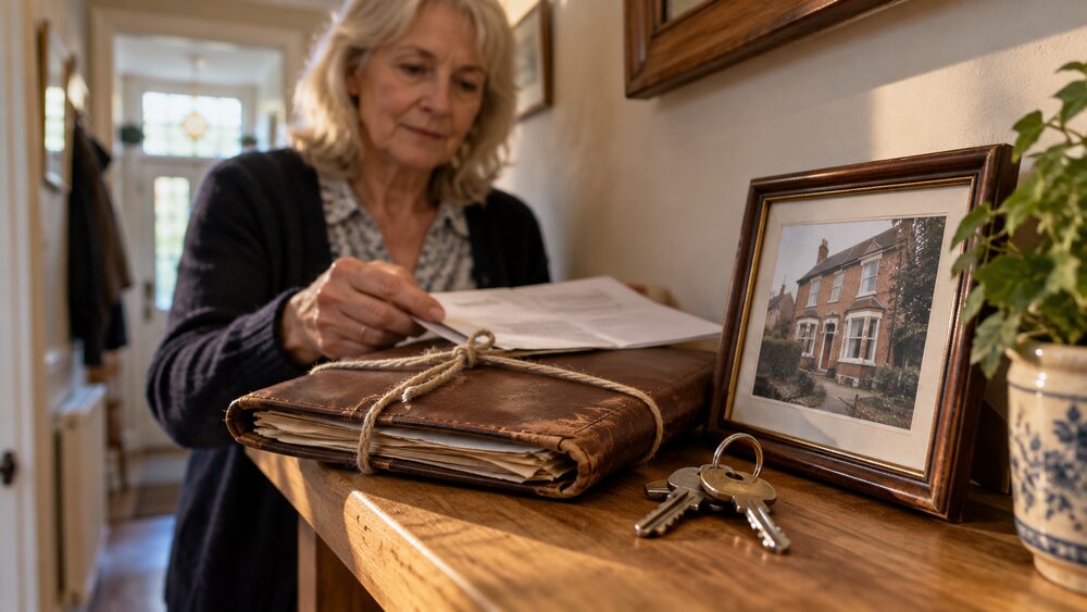 A tied leather folder of old mortgage papers sits on a shelf beside house keys.