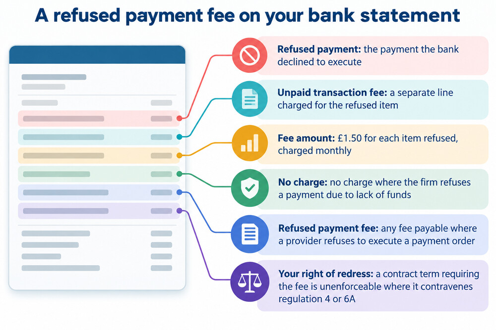 A bank statement extract showing a refused payment and the fee added beside it