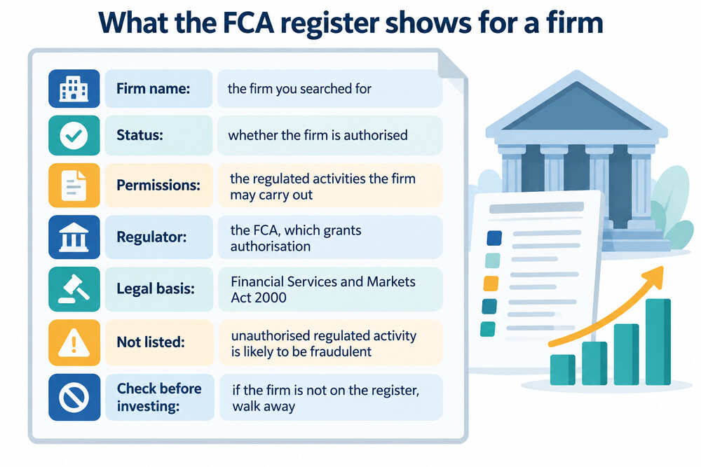 A screenshot-style view of the FCA register search results page showing a firm's authorised status and permissions