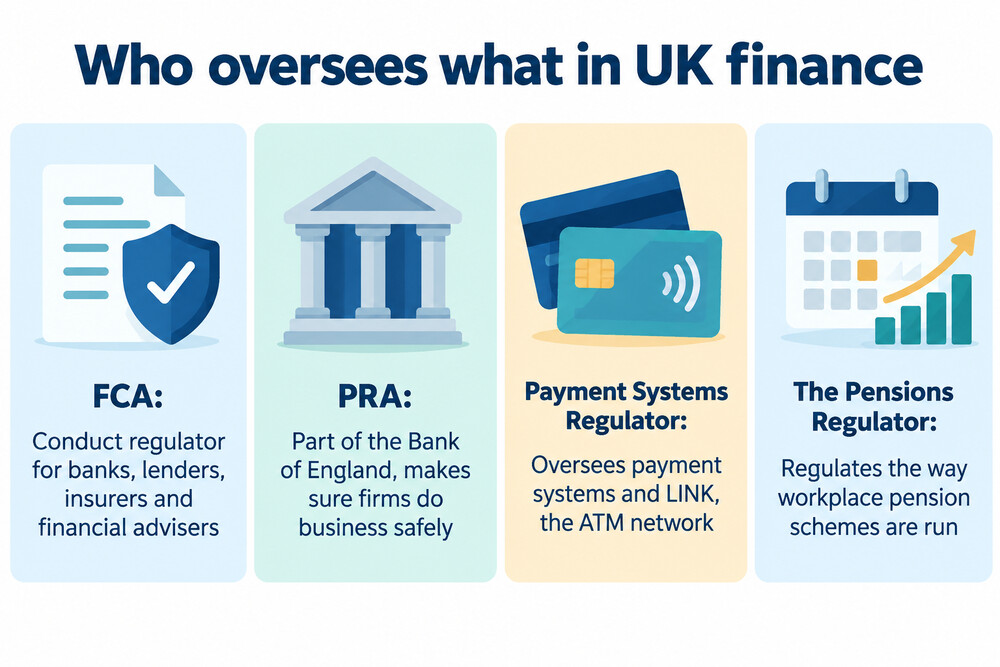 A map of the UK showing which regulator covers banks, payments and pensions