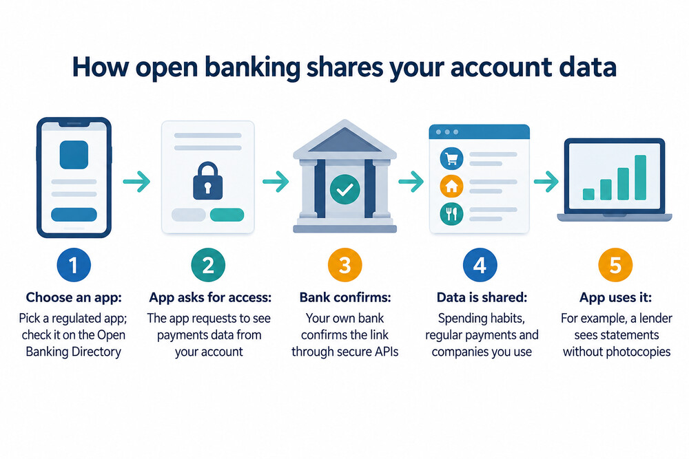 A phone screen showing a bank asking the customer to confirm they want to share account data with a named app