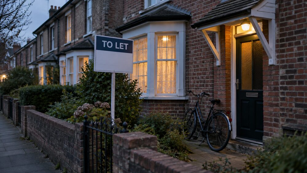 A terraced house at dusk with a to let board and a bicycle by the door.