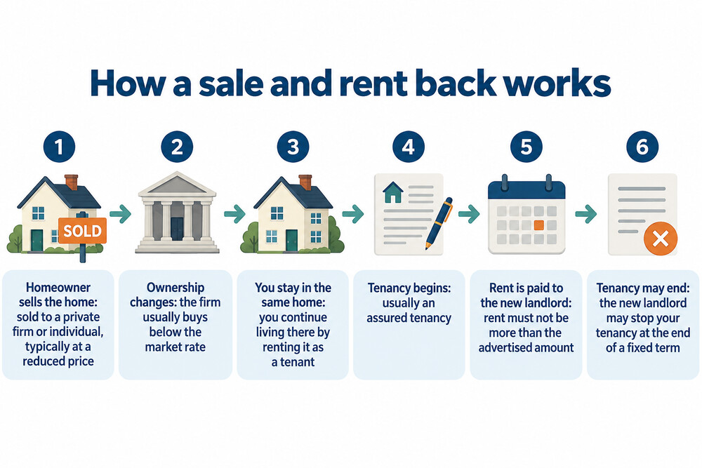 A simple diagram showing a homeowner selling to a company and then paying rent to stay in the same property