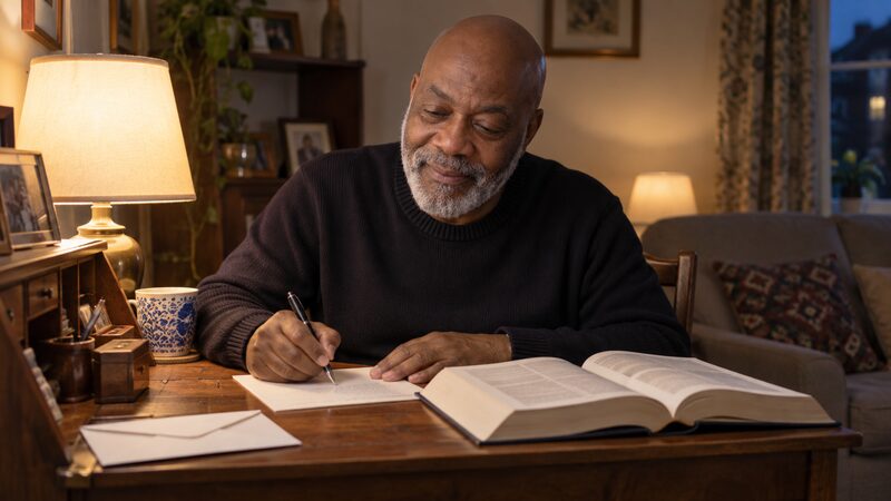 An older man writes a letter by hand at a bureau with an open rulebook and envelope beside him.