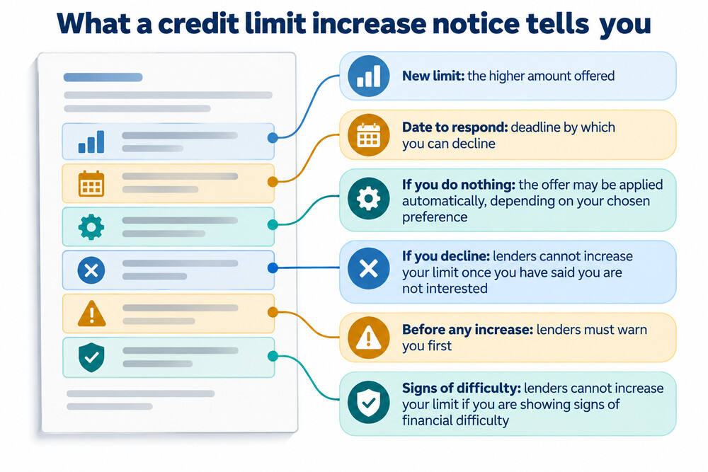 A card statement showing a credit limit increase notice with a deadline to respond