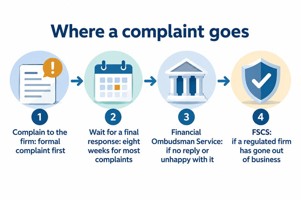 How a complaint moves from the firm to the ombudsman or the FSCS