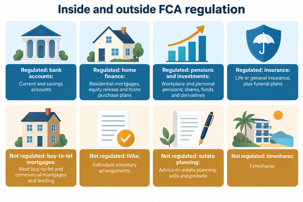 A diagram showing products inside and outside the FCA's regulatory perimeter, with regulated products on one side and unregulated ones on the other