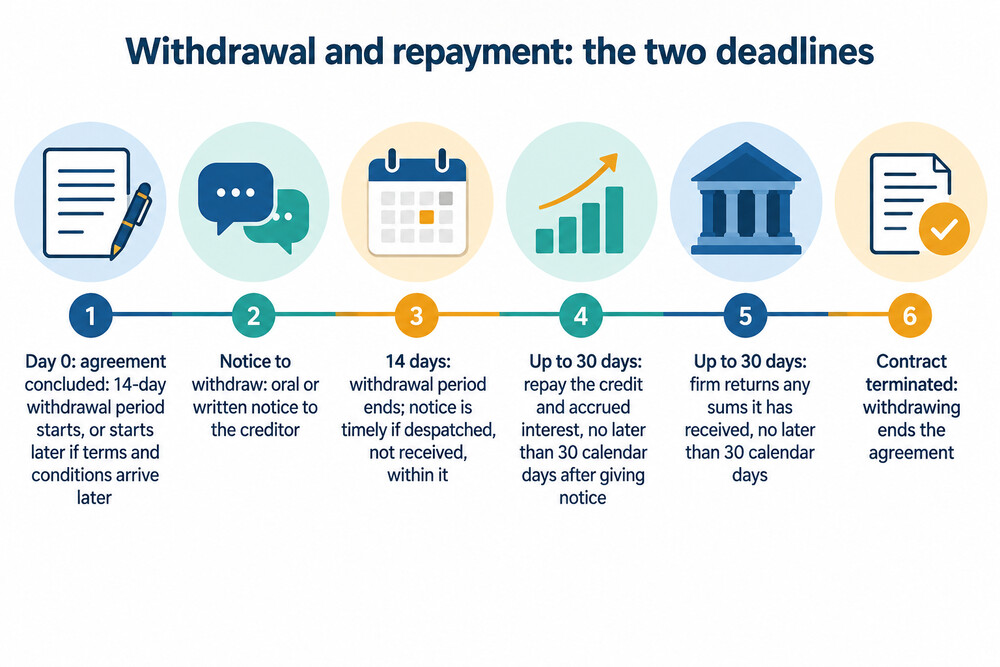 A calendar showing the 14-day withdrawal window and the 30-day repayment deadline