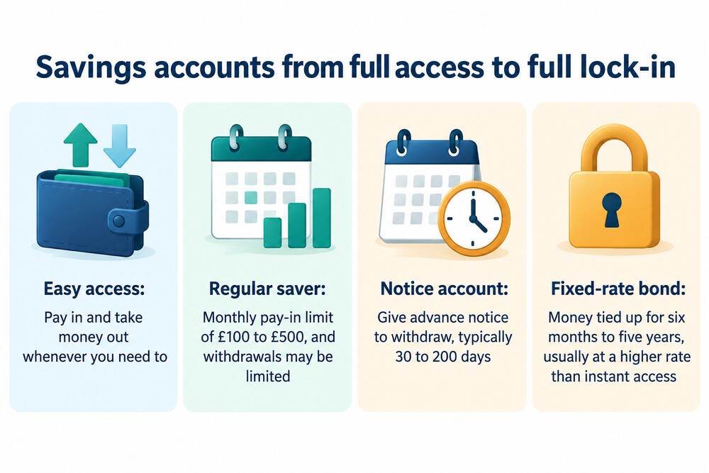 A simple scale showing savings accounts arranged from full access on the left to fully locked away on the right