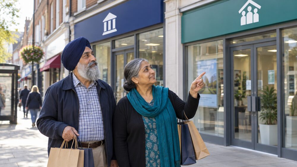 A retired couple with shopping bags compare two neighbouring branch fronts.