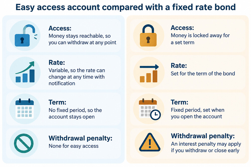 A simple side-by-side comparison of an easy access account and a fixed rate bond