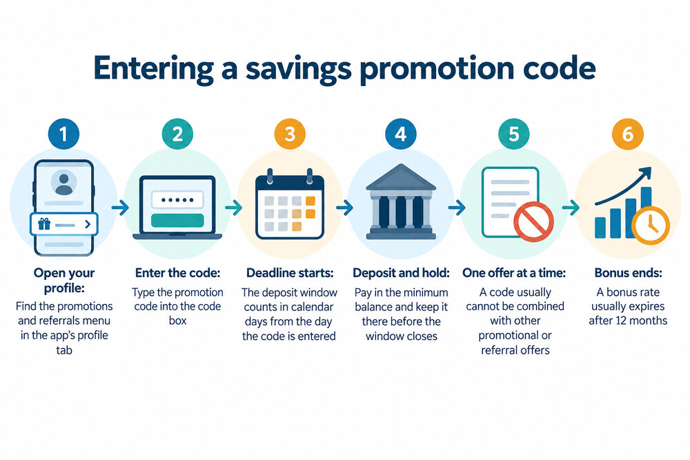 A phone screen showing where to enter a promotional code in a savings app, with a field for the code and a countdown to the deposit deadline