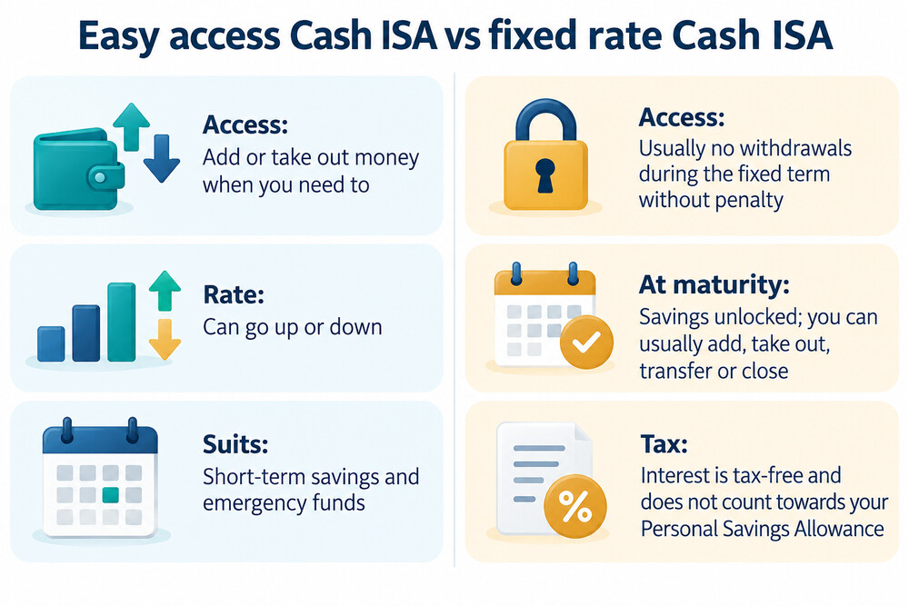 A simple comparison of an easy access Cash ISA and a fixed rate Cash ISA, showing access and rate behaviour
