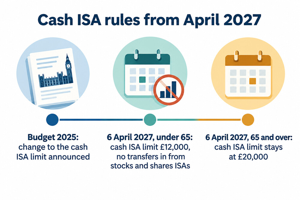 Timeline showing the cash ISA rules before and after 6 April 2027 for savers under and over 65