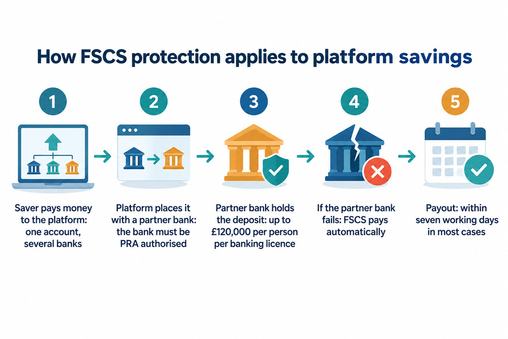 Flow showing a saver's money moving through a platform into a partner bank, and FSCS paying out if that bank fails