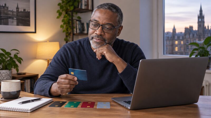 A man sits at a desk with four debit cards in a row and a laptop in front of him.