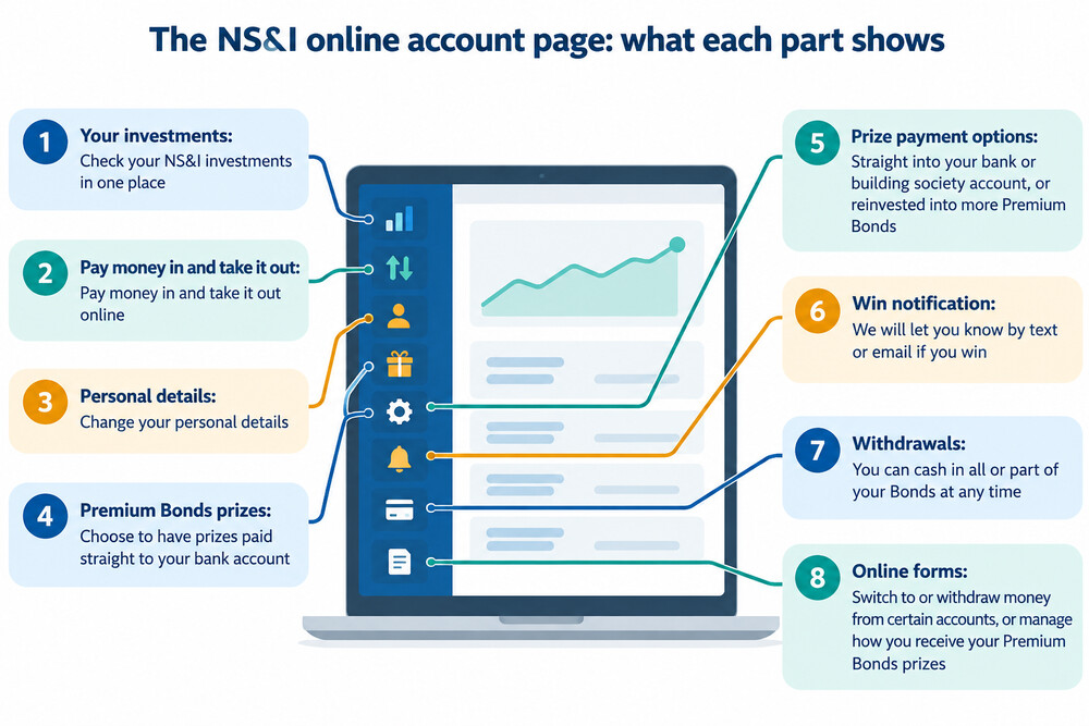 A screenshot-style illustration of the NS&amp;I online account page showing a Premium Bonds holding and a withdrawal option