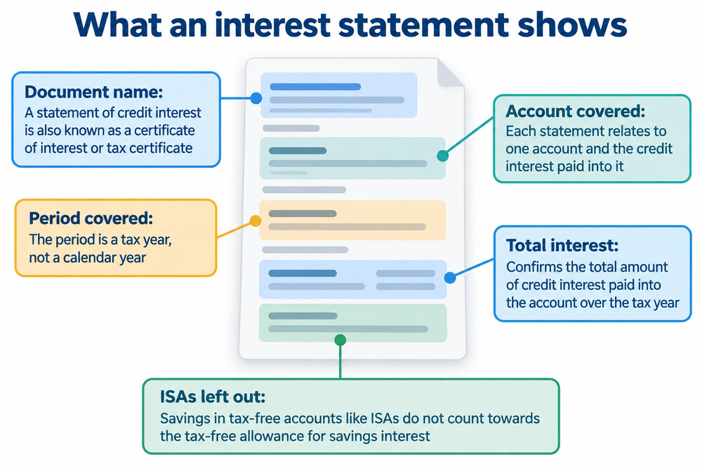 An example of an annual certificate of interest, showing the provider name, account details, tax year and gross interest paid