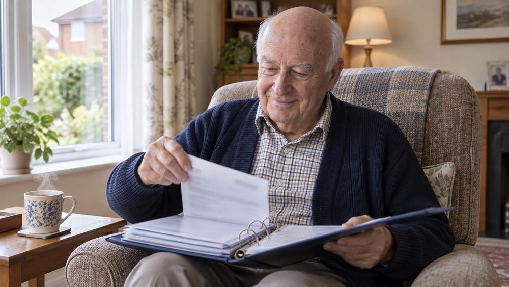 A retired man files a bank statement into a folder in his armchair.