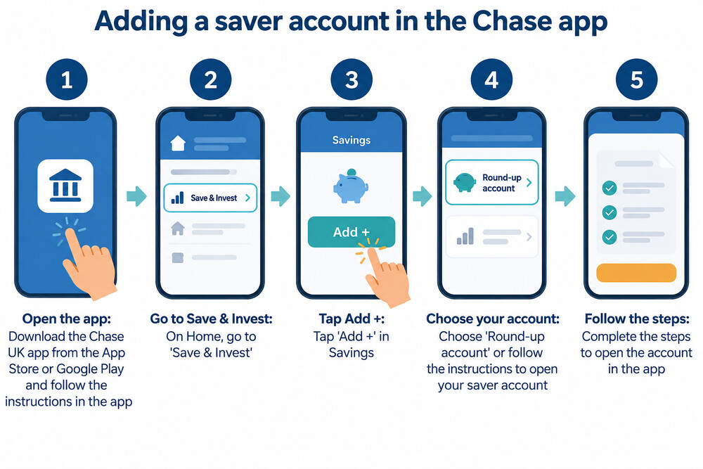 The Add + button in the Savings area of the Chase app used to open a saver account