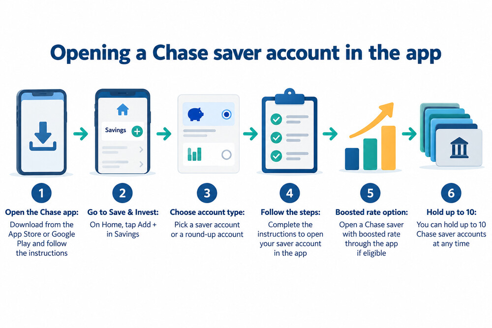 The Chase app home screen showing the Save and Invest section where saver accounts are opened
