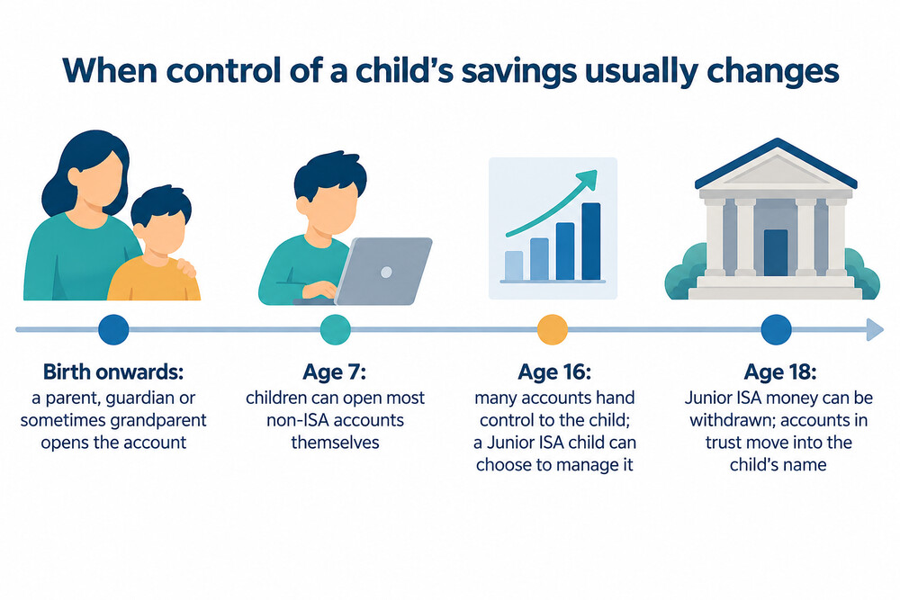 A timeline showing a child's savings account moving from parent control to the child's control