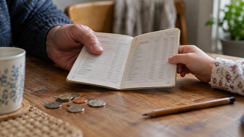 An adult hand and a child's hand hold open a paper savings passbook on a wooden table.