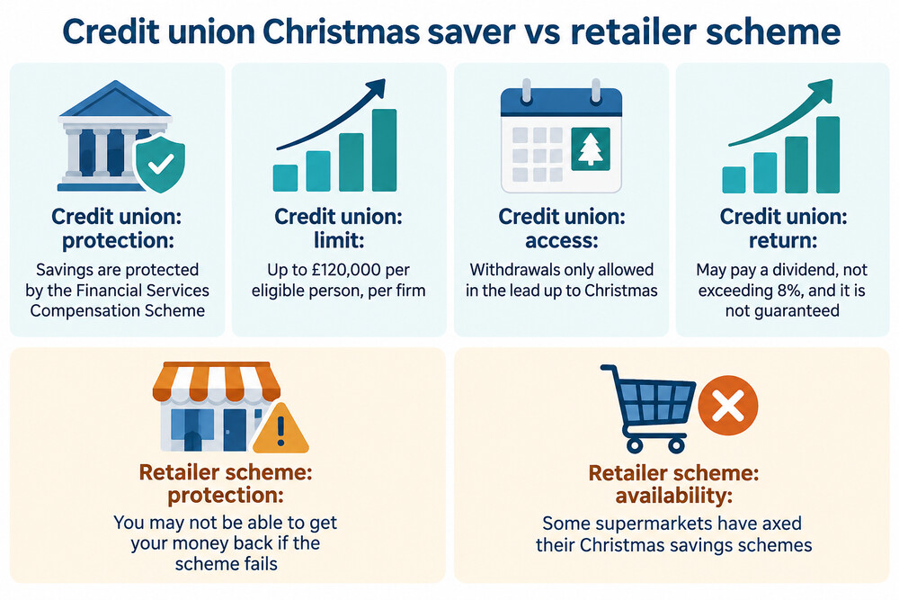 A comparison of a credit union Christmas saver account and a supermarket savings card