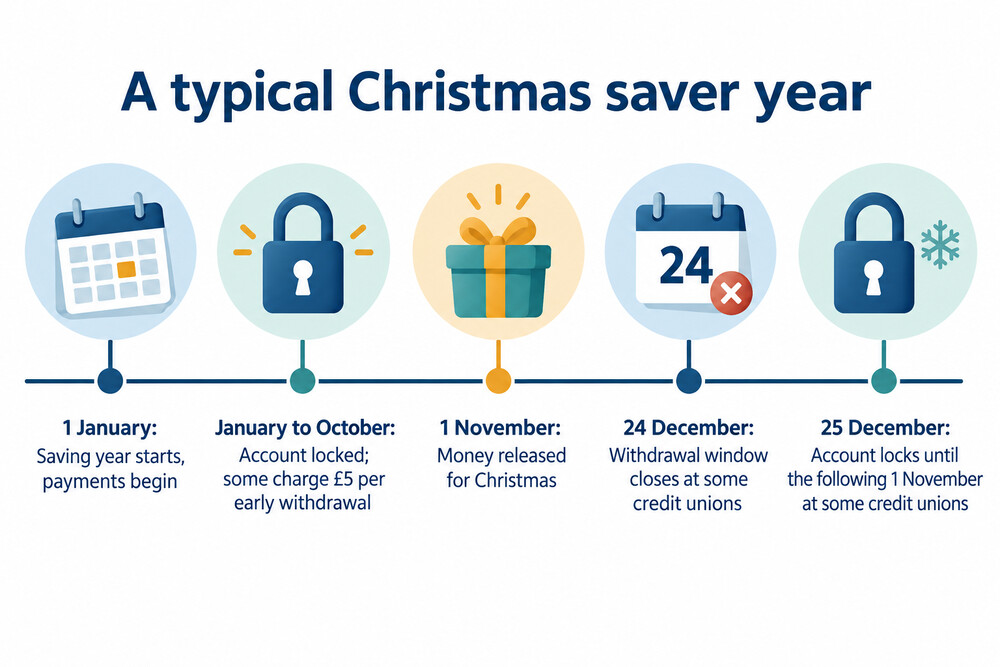 A calendar year showing paying in from January, the account locked through the summer and money released in November