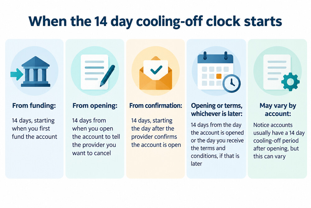 A calendar page showing a 14-day window marked from a funding date, with a pen and savings paperwork