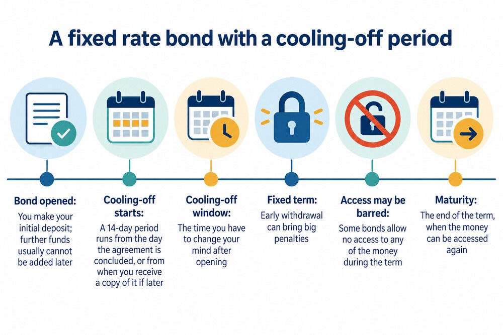A timeline running from a fixed rate bond's opening date, through the cooling-off window, to the maturity date, with the locked-in period shaded