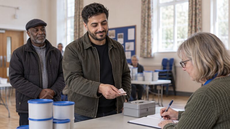 A man hands folded notes to a volunteer at a folding table in a community hall.