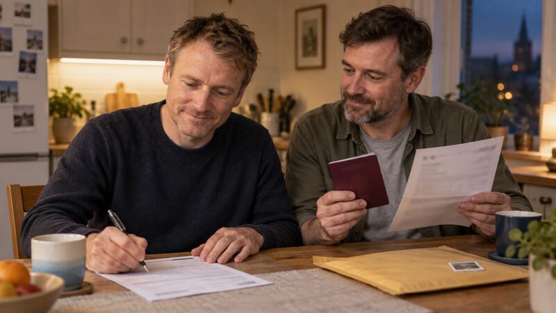 A savings account application form being completed by hand, with proof of identity documents alongside