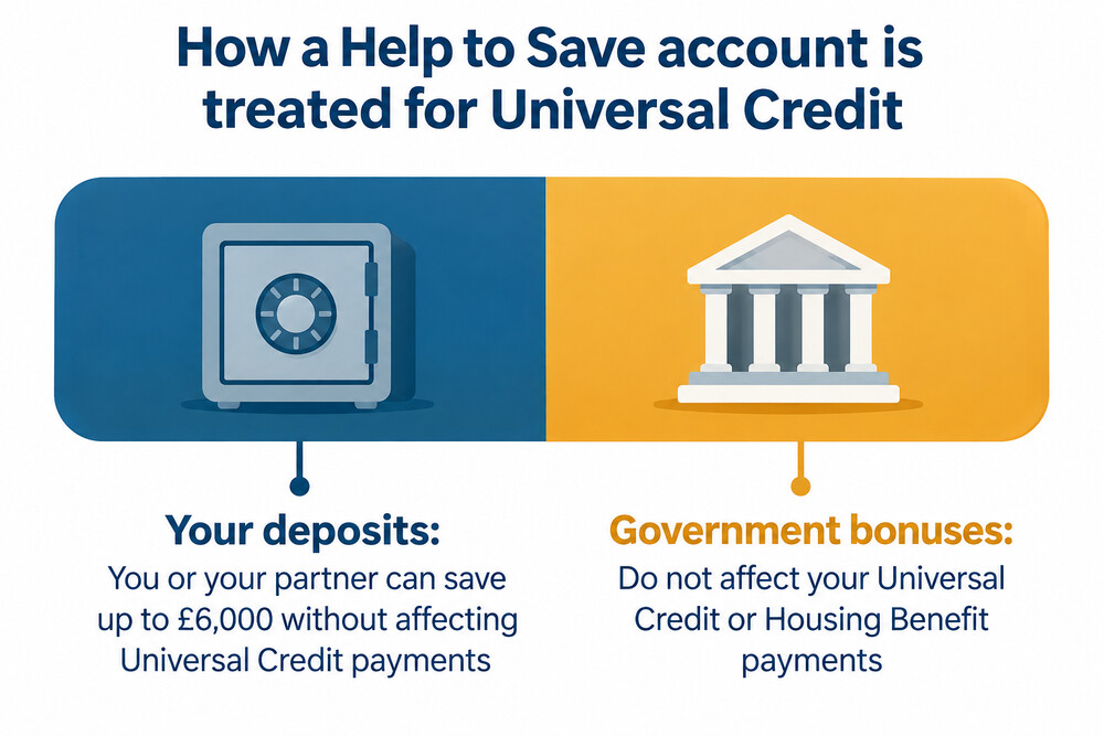 An illustration of a Help to Save account showing money paid in counting towards the £6,000 savings limit while the government bonus sits outside it